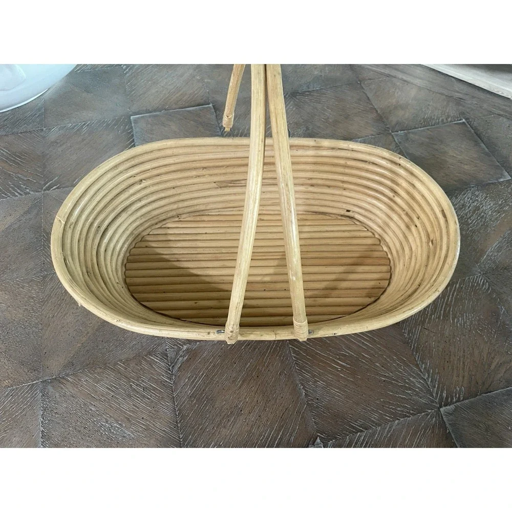 Vtg Pencil Reed Oval‎ Handled Basket Coiled Natural Bamboo Boho 1970s MCM